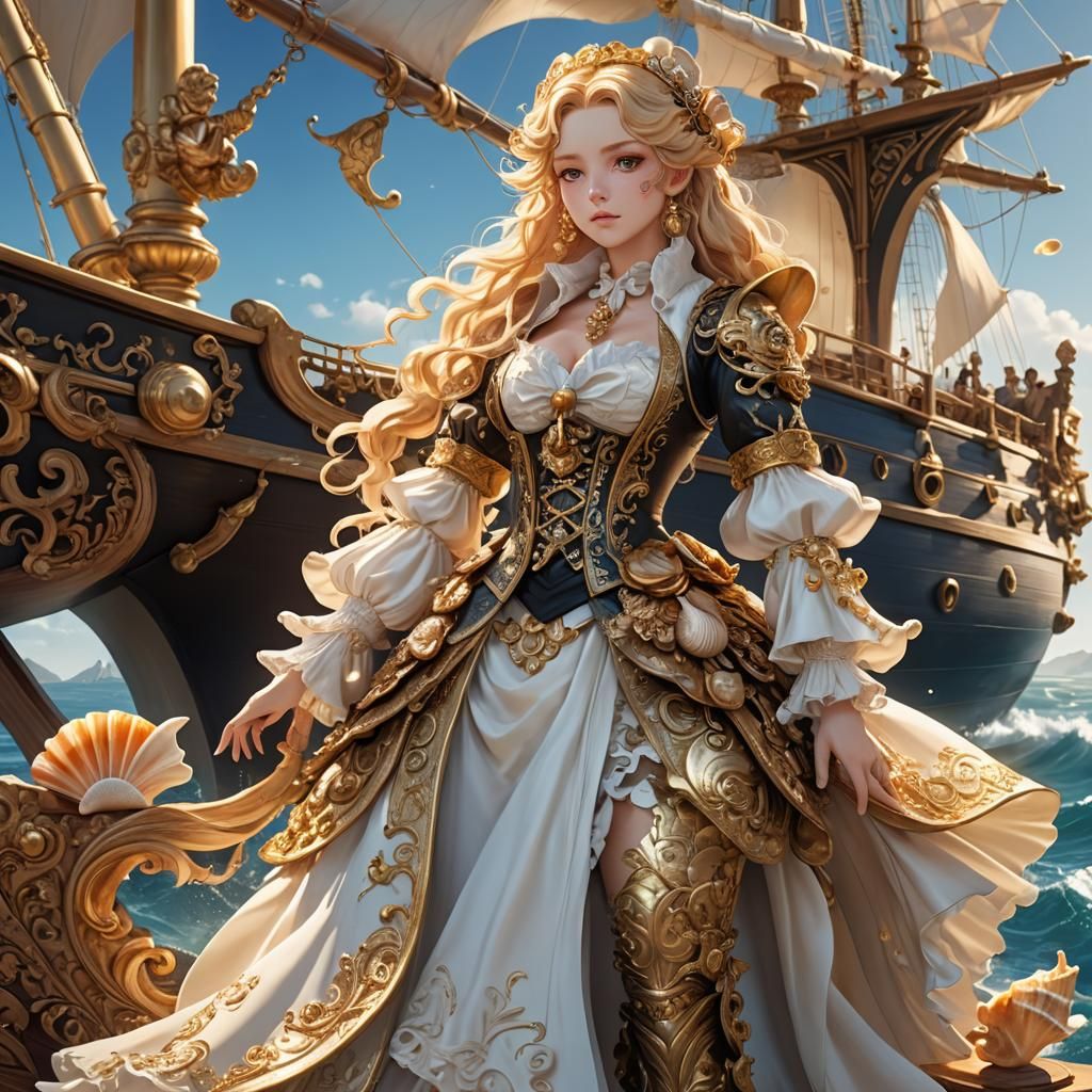 Glamorous Pirate with Seashell in Baroque Anime Art