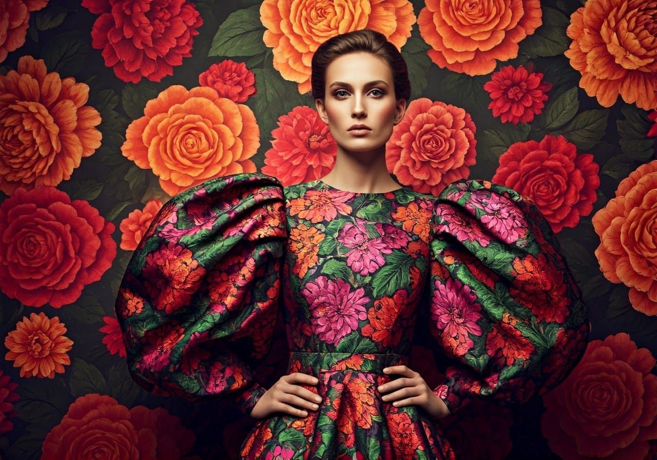 Elegant Model in Vibrant Floral Dress with Matching Backgrou...