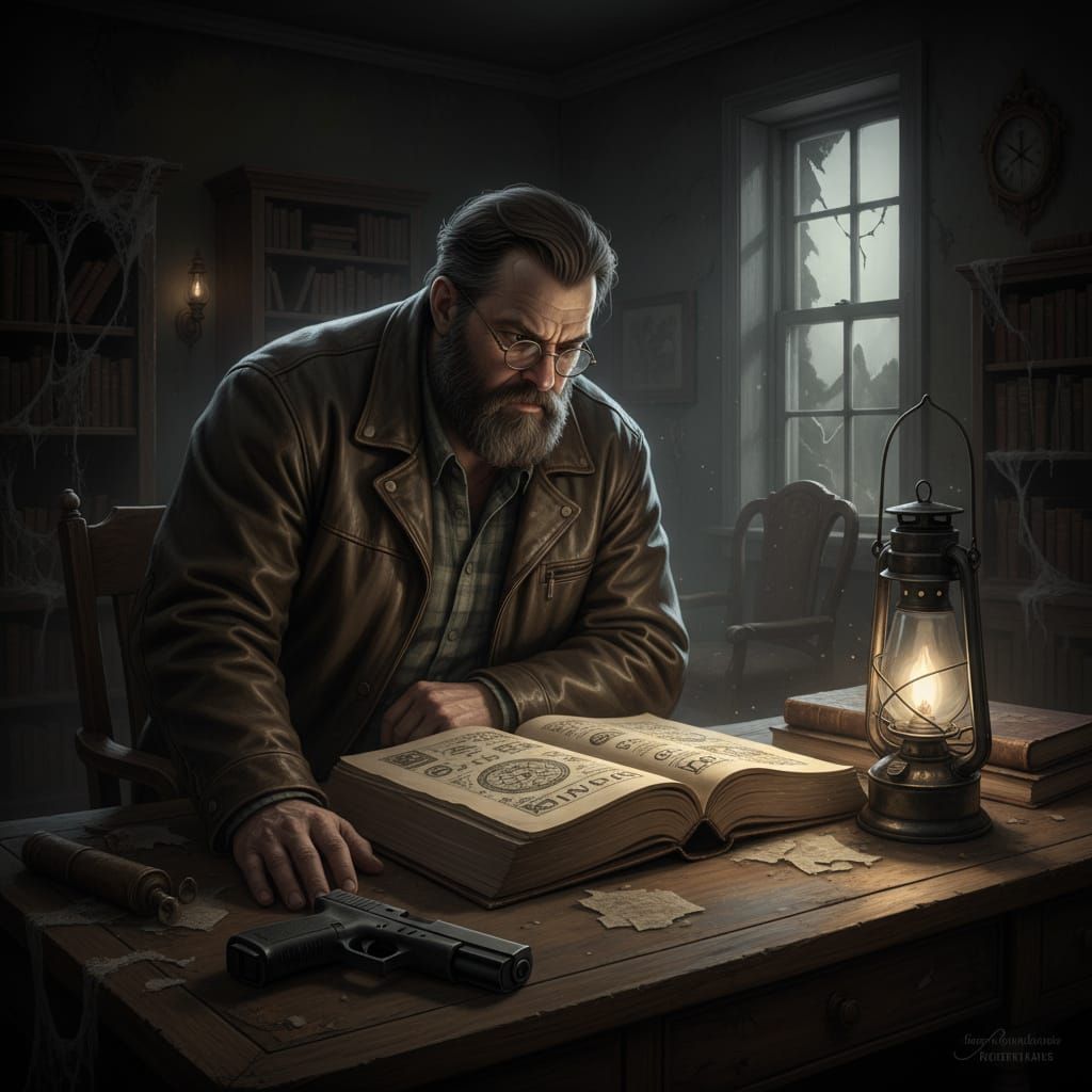 Man Studying Book in Shadowy Study with Pistol