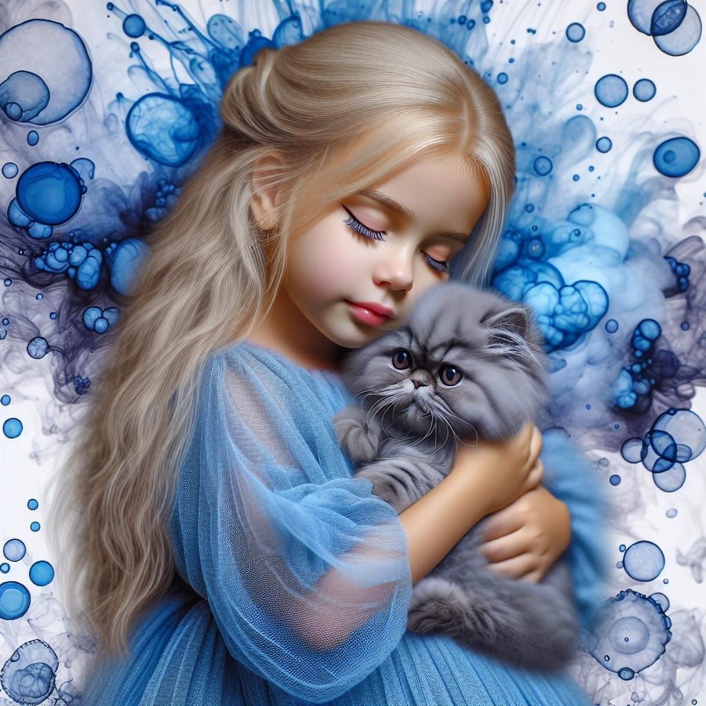 Girl Embracing Kitten with Blue Ink Background