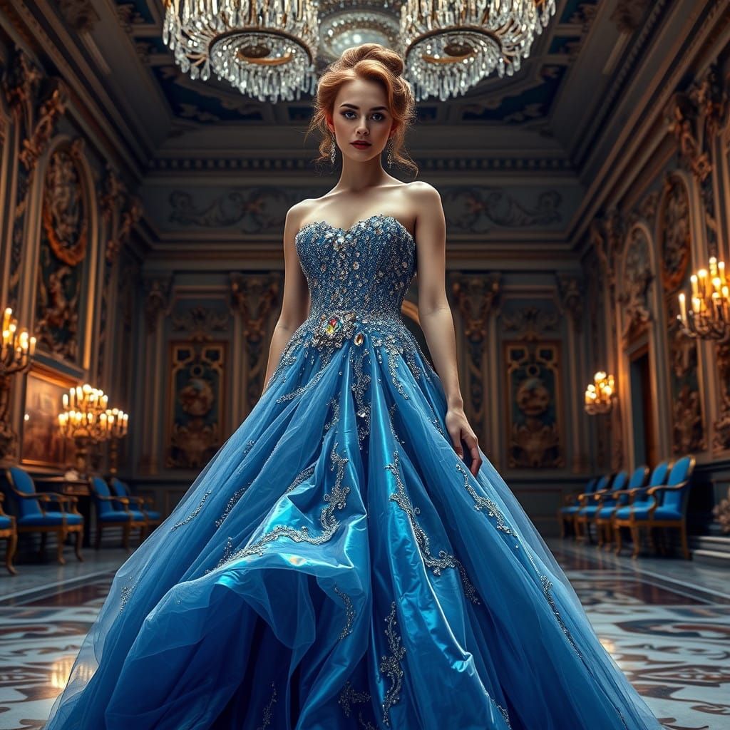 Woman in Crystal-Encrusted Ball Gown in Baroque Ballroom