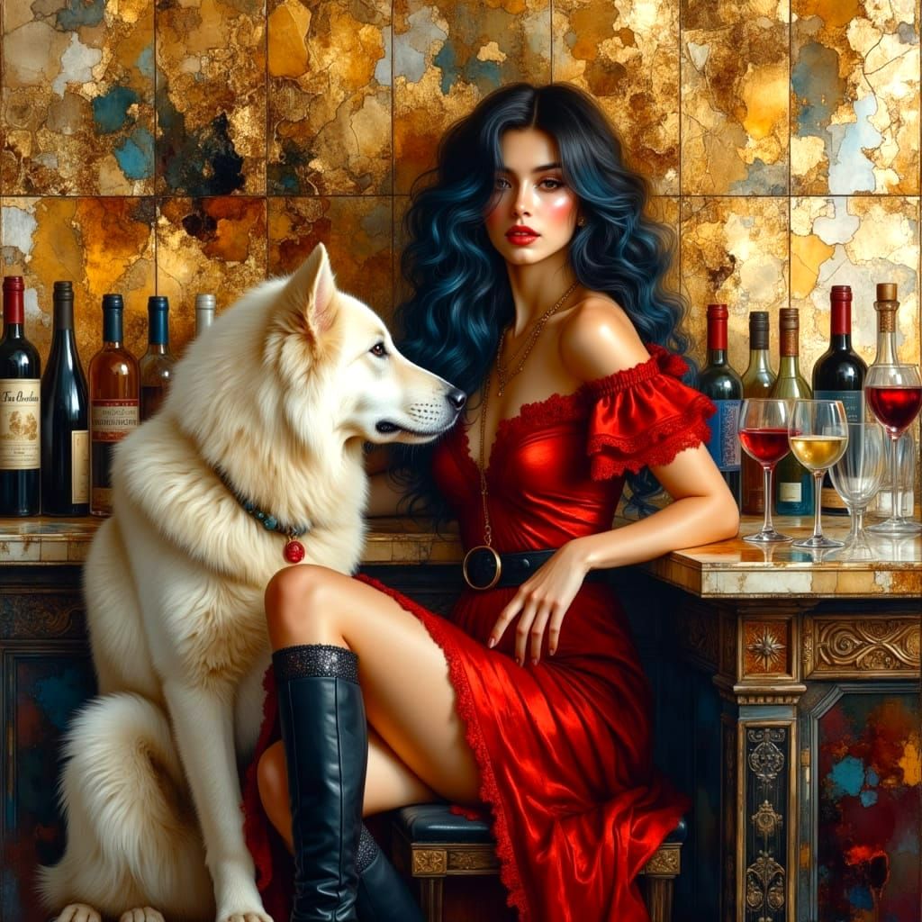 Sensual Woman at Wine Bar in Oil Painting Style