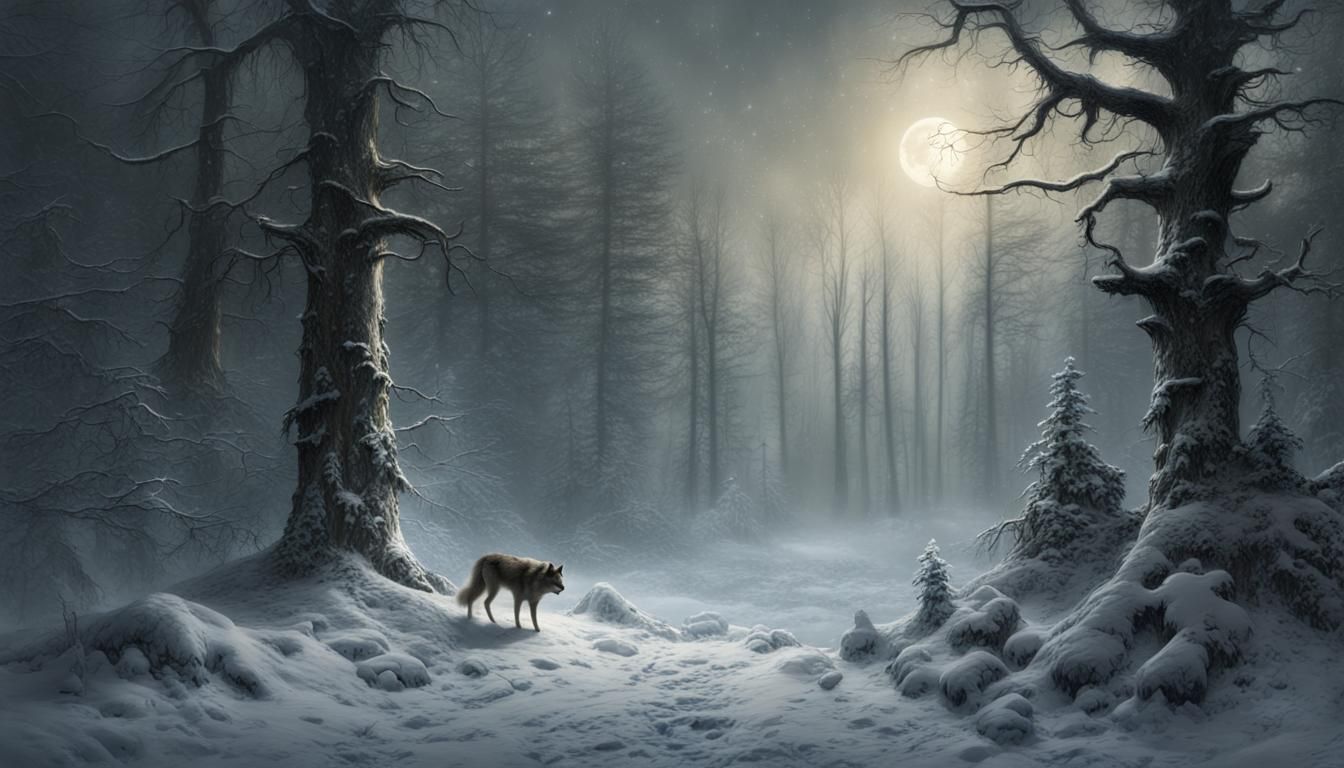 Lone Wolf in Winter Forest Snowstorm