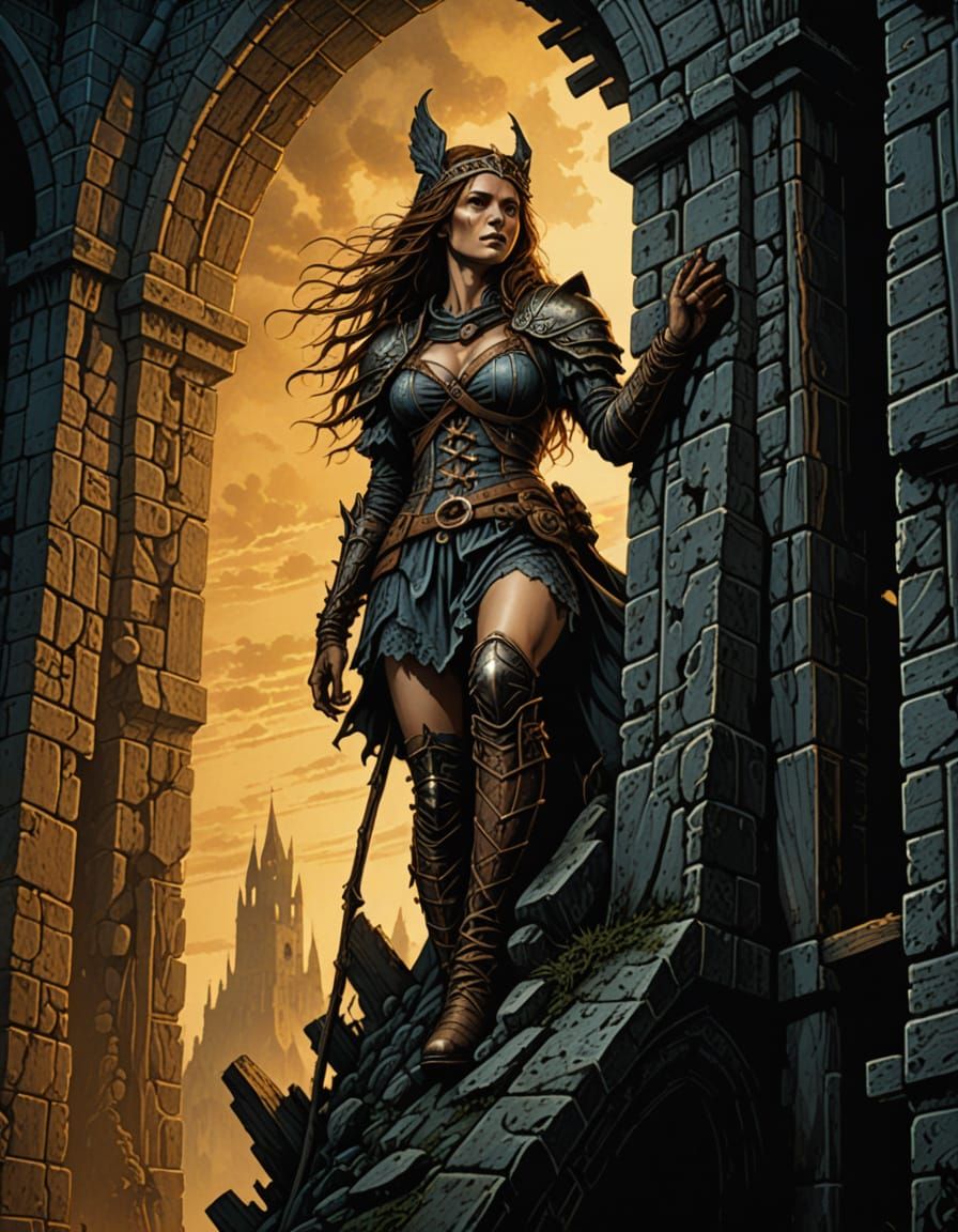 Huntress Ascends Ruined Tower in Woodcut Style