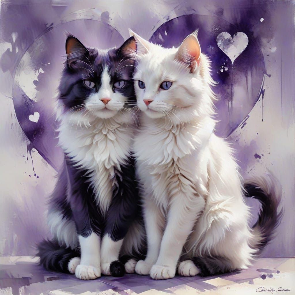 Cute Fluffy Cat in Harmonious Double Exposure Oil Painting