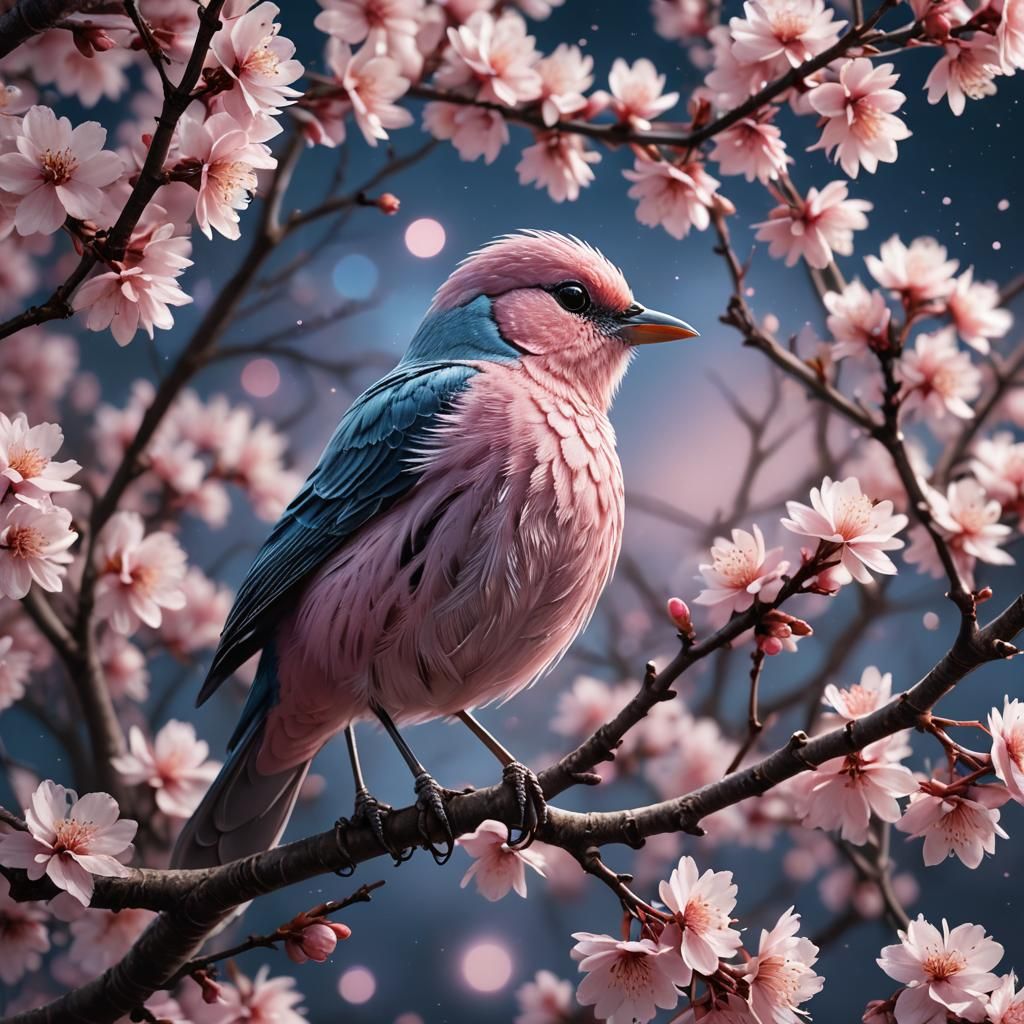 Enchanted Pink Bird on Sakura Tree at Night