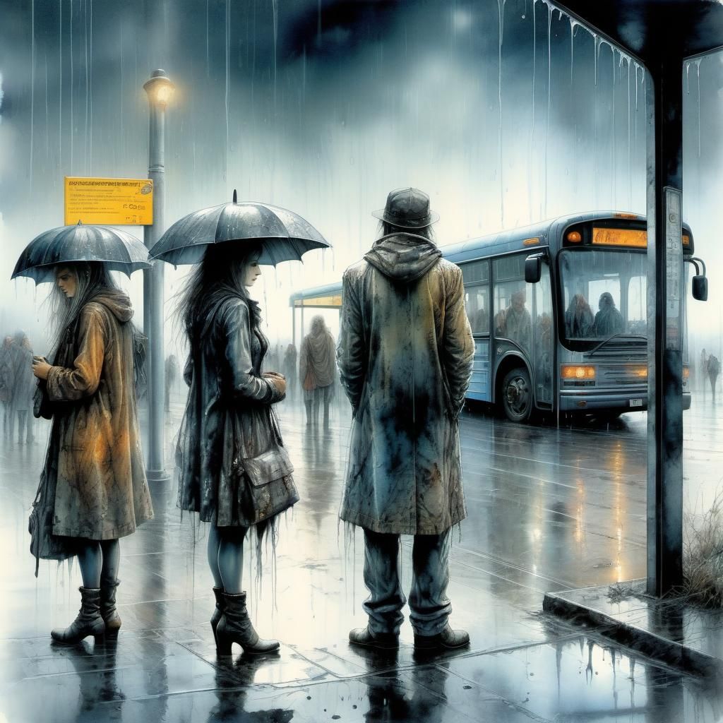 Rainy Bus Stop: Surreal Fantasy Illustration