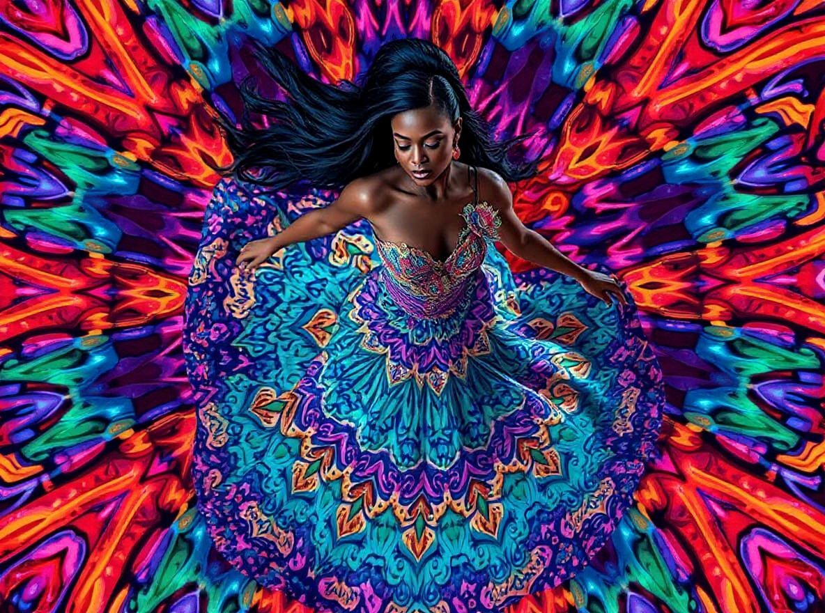 Elegant Woman Twirling in Neon Kaleidoscope Art