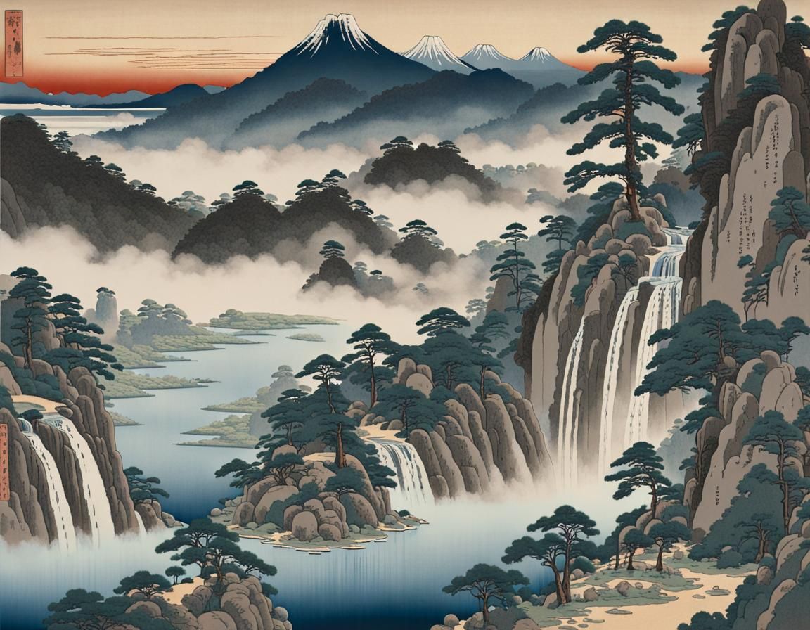 Ukiyo-e Landscape: Valley with Waterfall and Misty Lake