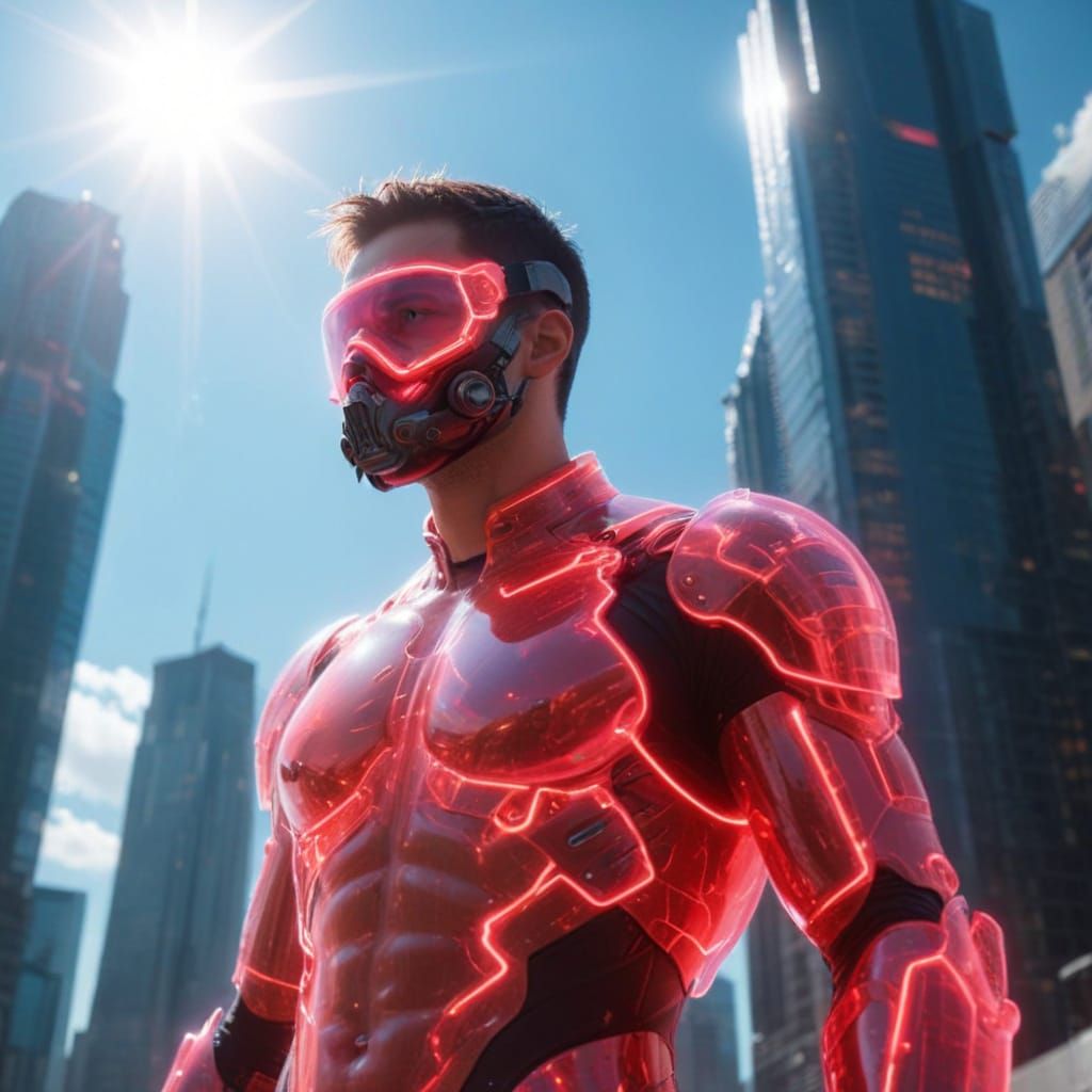 Cyberpunk Man in Red Holographic Armor