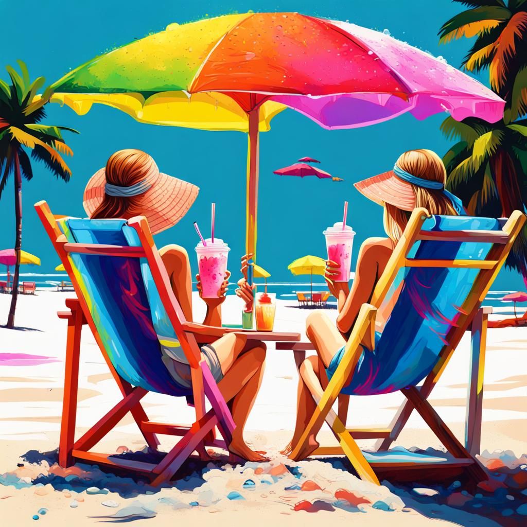 Beachside Mother-Daughter Scene as Graffiti Art