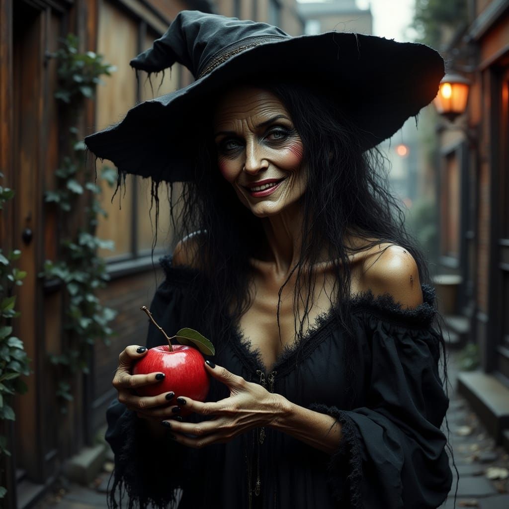 Old Witch Smiles Evilly with Red Apple in London Alley
