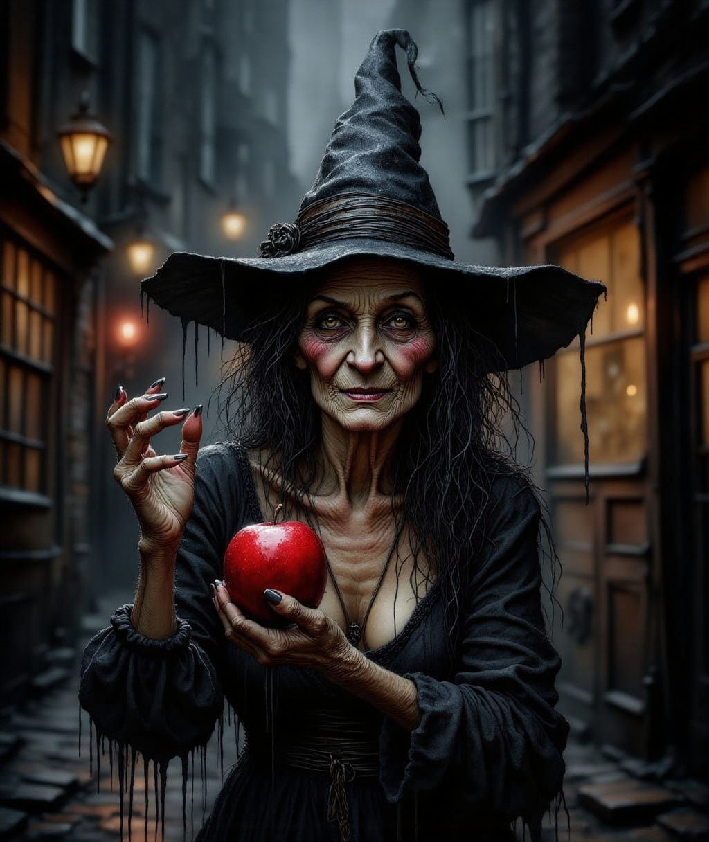 Wrinkled Witch Tempts With Apple in Chiaroscuro Alley