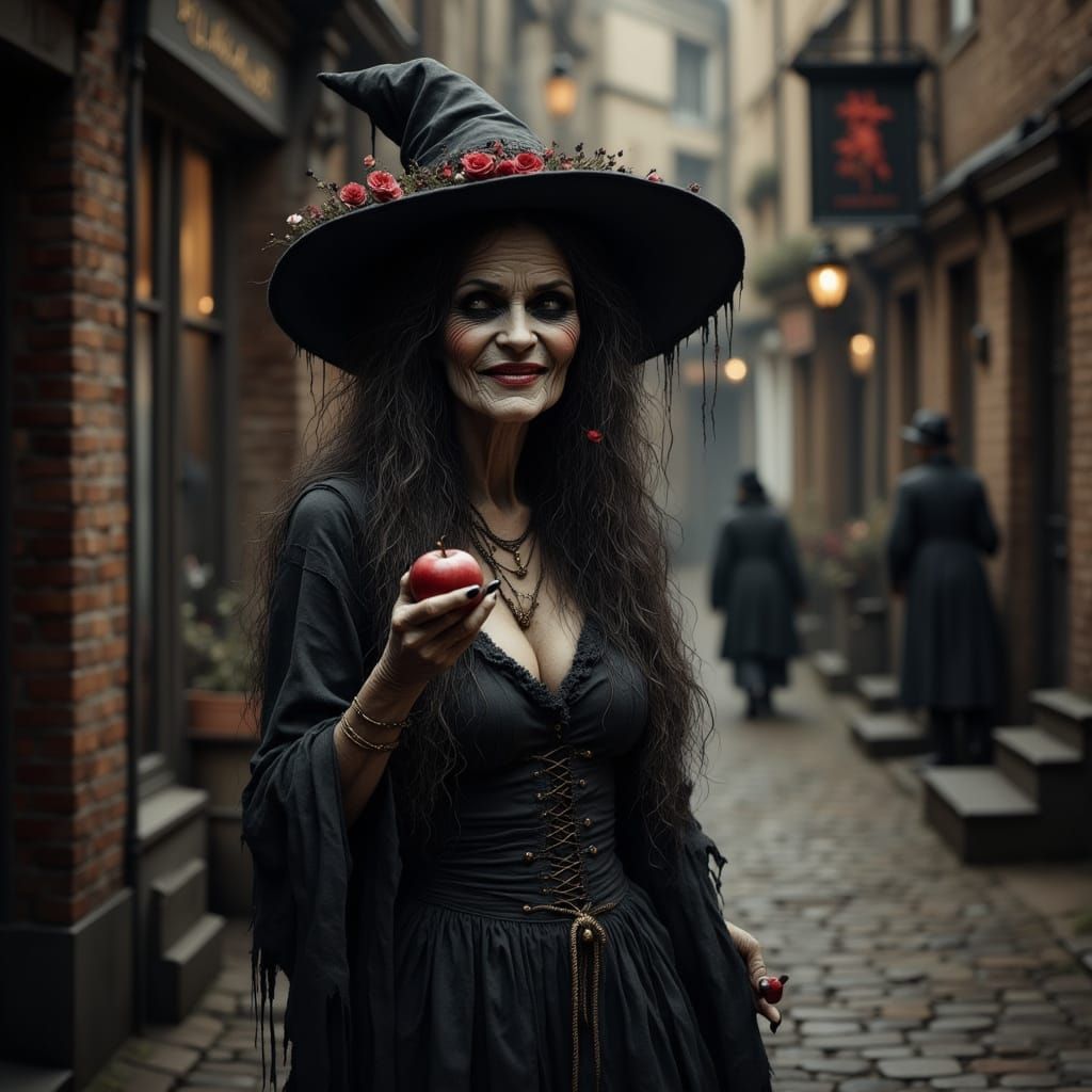 Evil Witch with Apple in Dark Alley