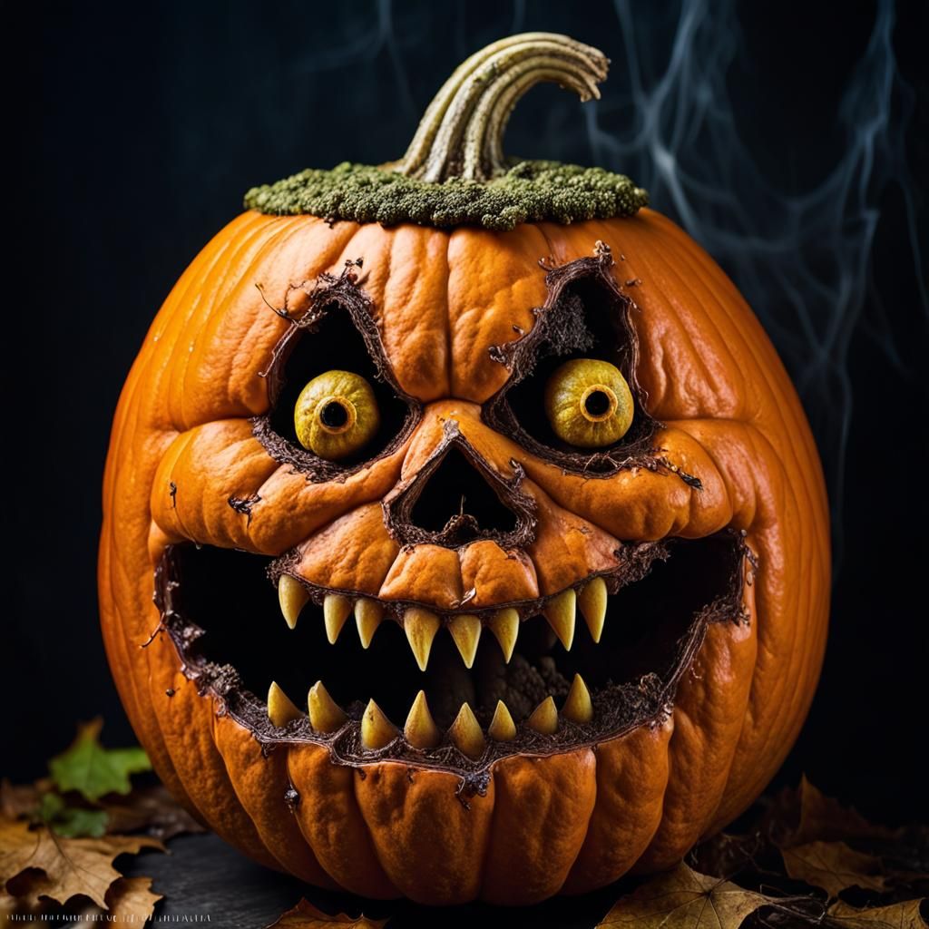 Evil Moldy Jack-o'-Lantern Portrait in Horror Swamp