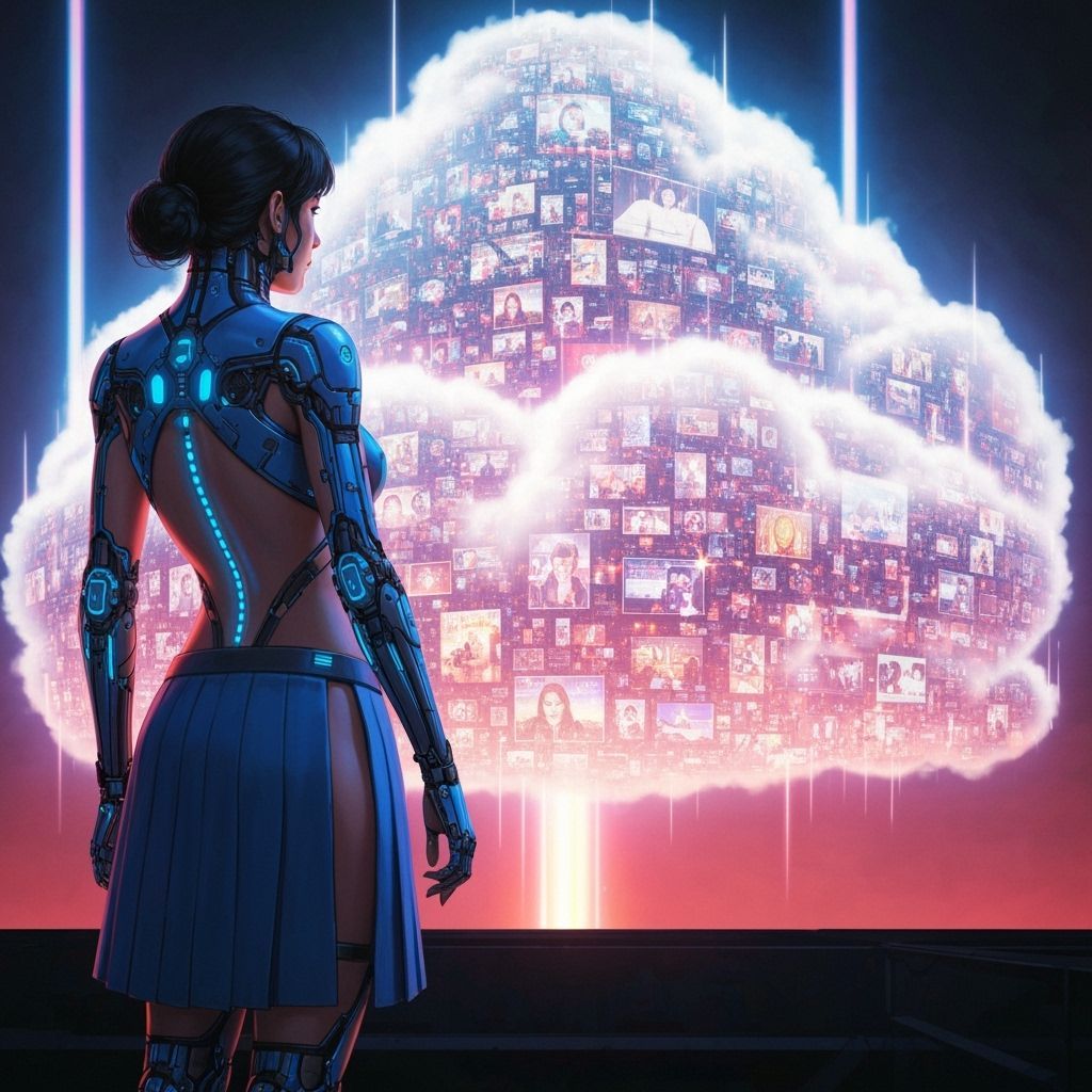 Futuristic Woman Contemplates Eventful Cloud in Neon Style