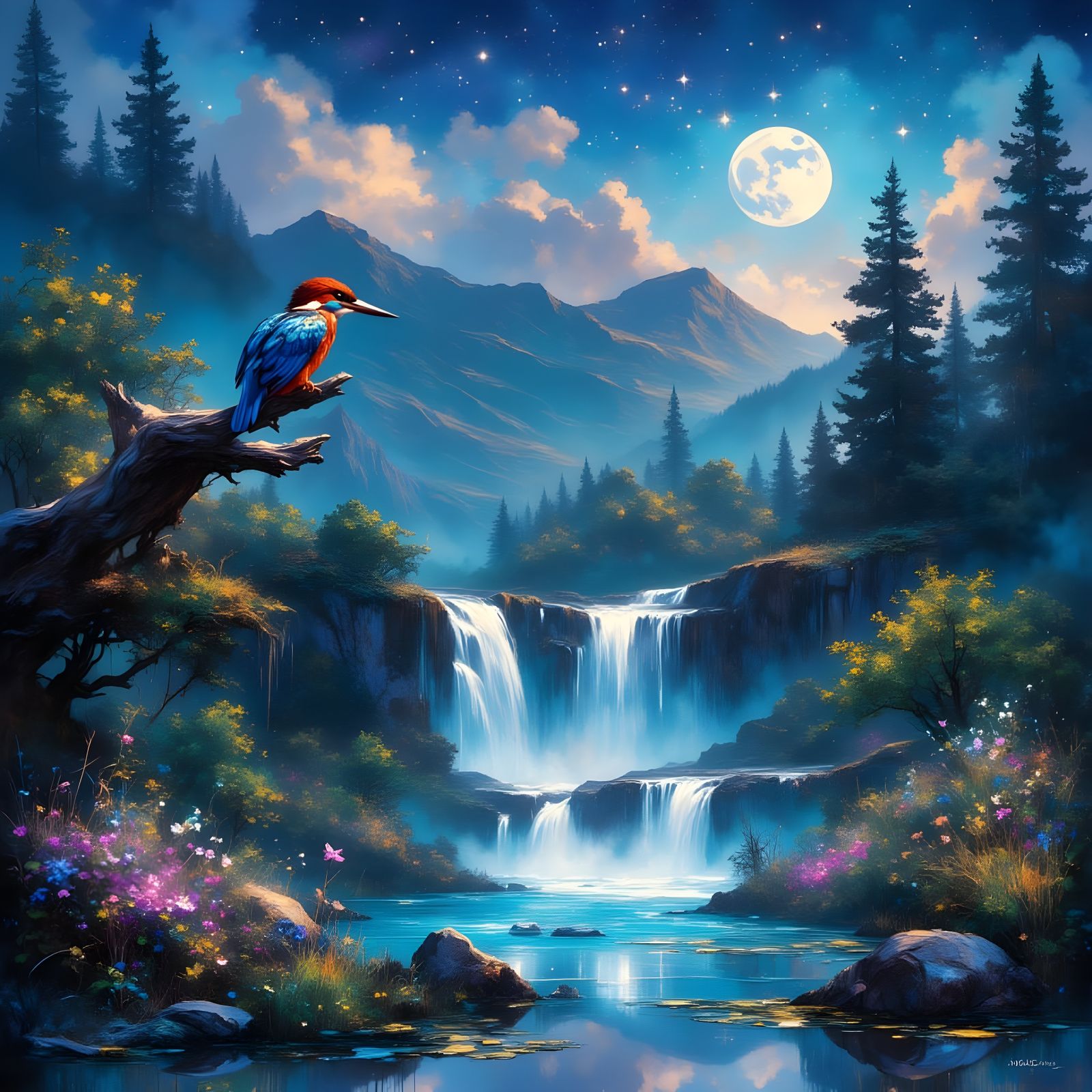 Majestic Kingfisher at Sunset Over a Serene Waterfall Landsc...