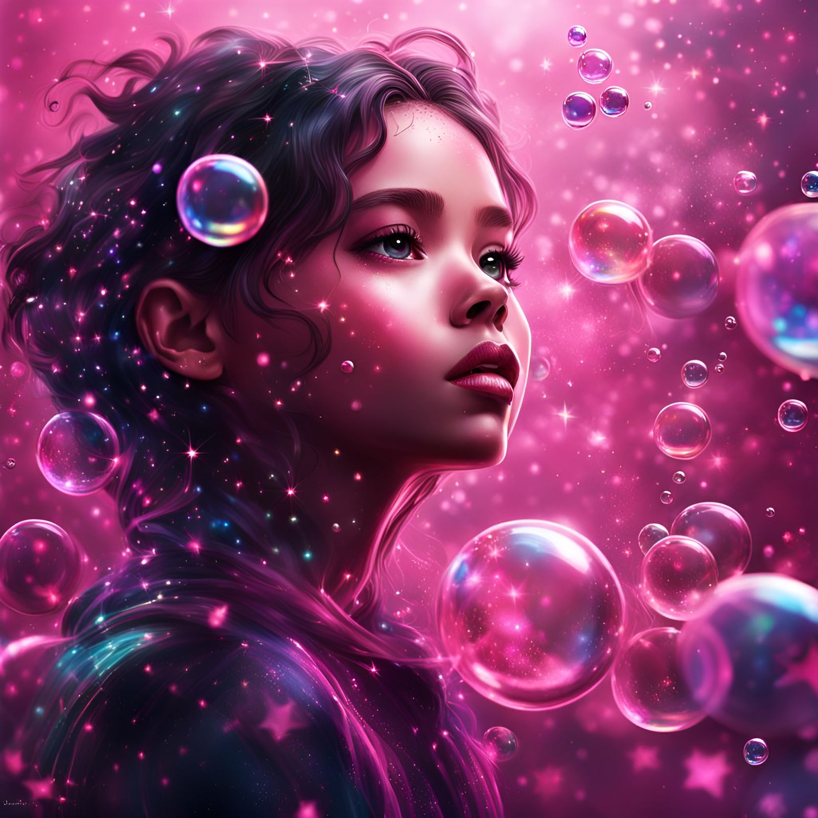 Intricately Detailed Dark Fairy with Bubbles and Stars