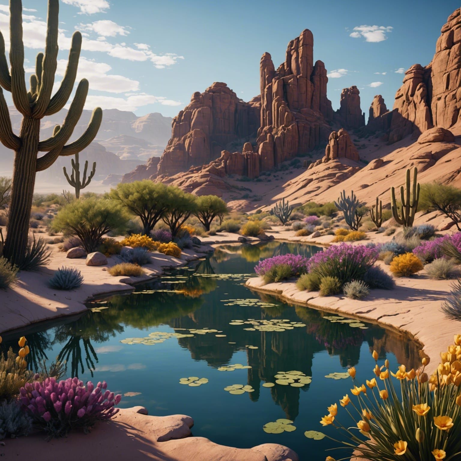 Vibrant Desert Oasis with Wildlife: Fantasy Concept Art
