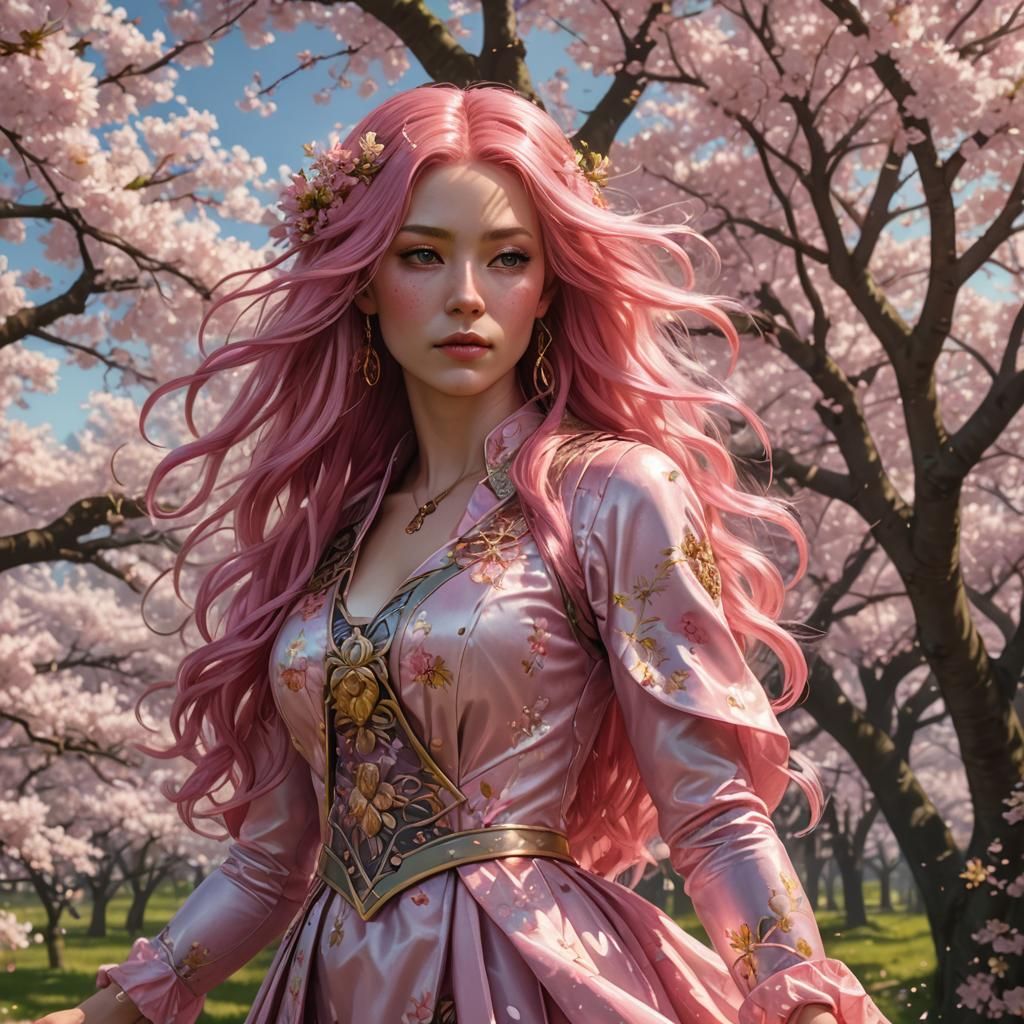 Pink Haired Woman in Cherry Blossom Meadow