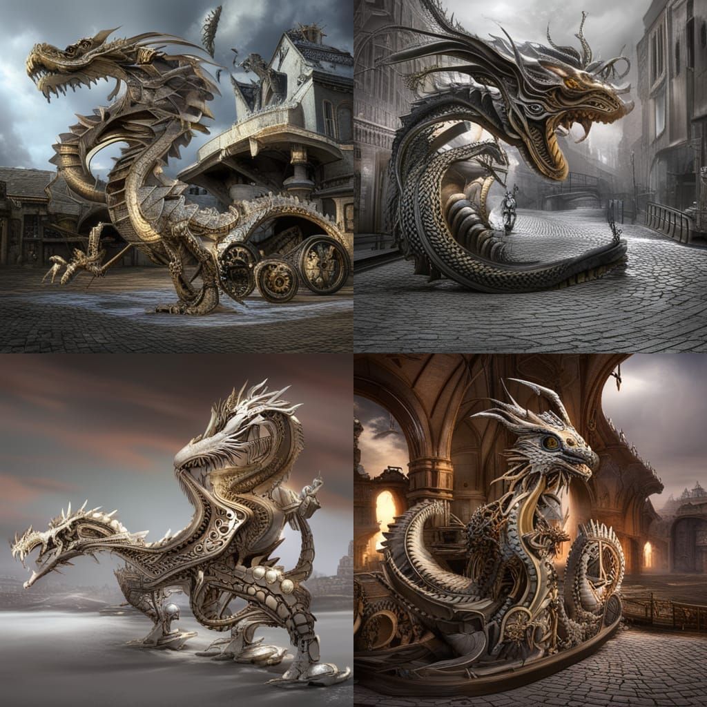 Hyperdetailed Metallic Dragon on Cobbled Street