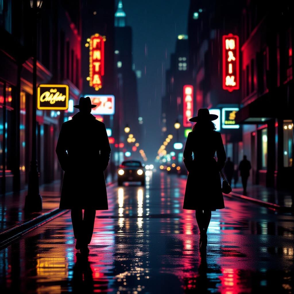 Film Noir City Street at Night with Neon Reflections