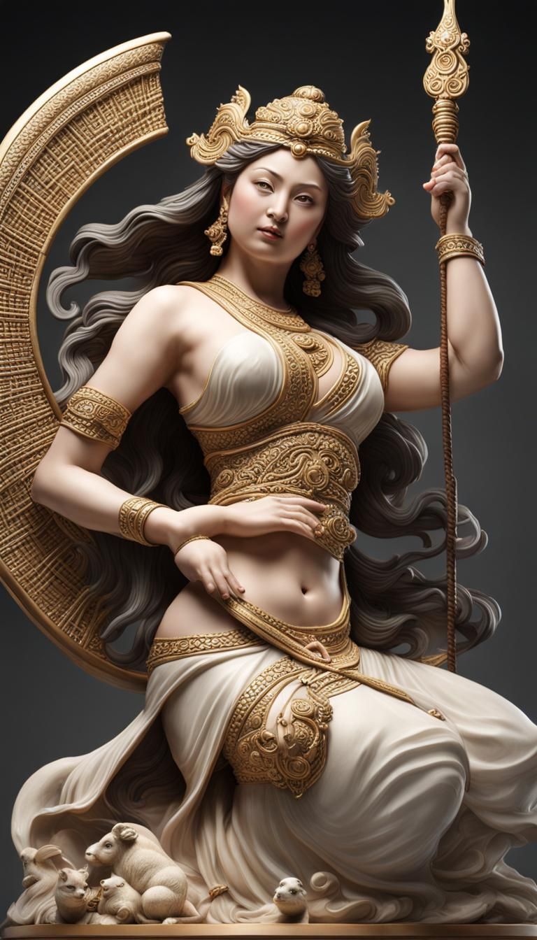 Oriental Goddess Statue in Epic Battle, Glazed Clay