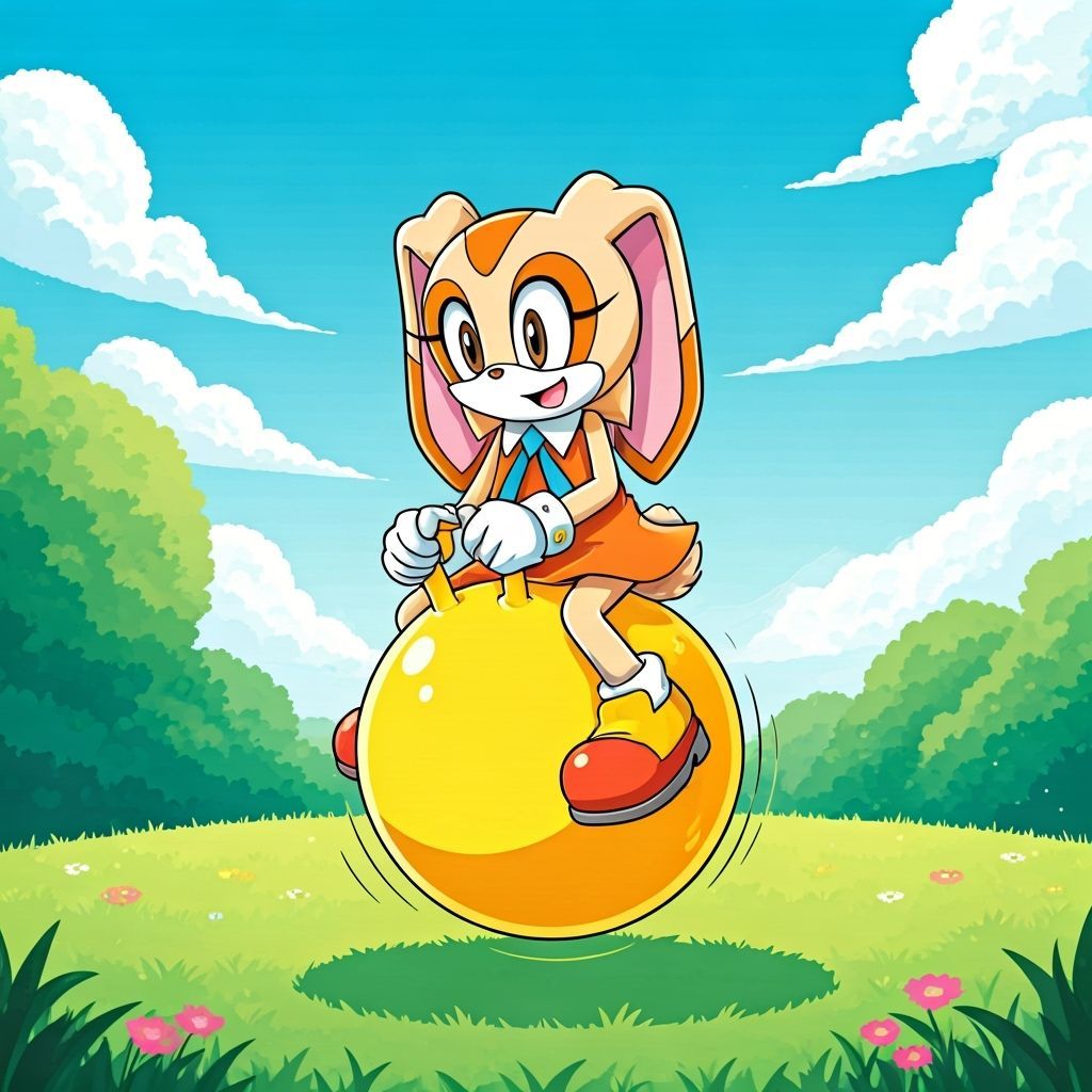 Cream the Rabbit Bounces on a Yellow Space Hopper