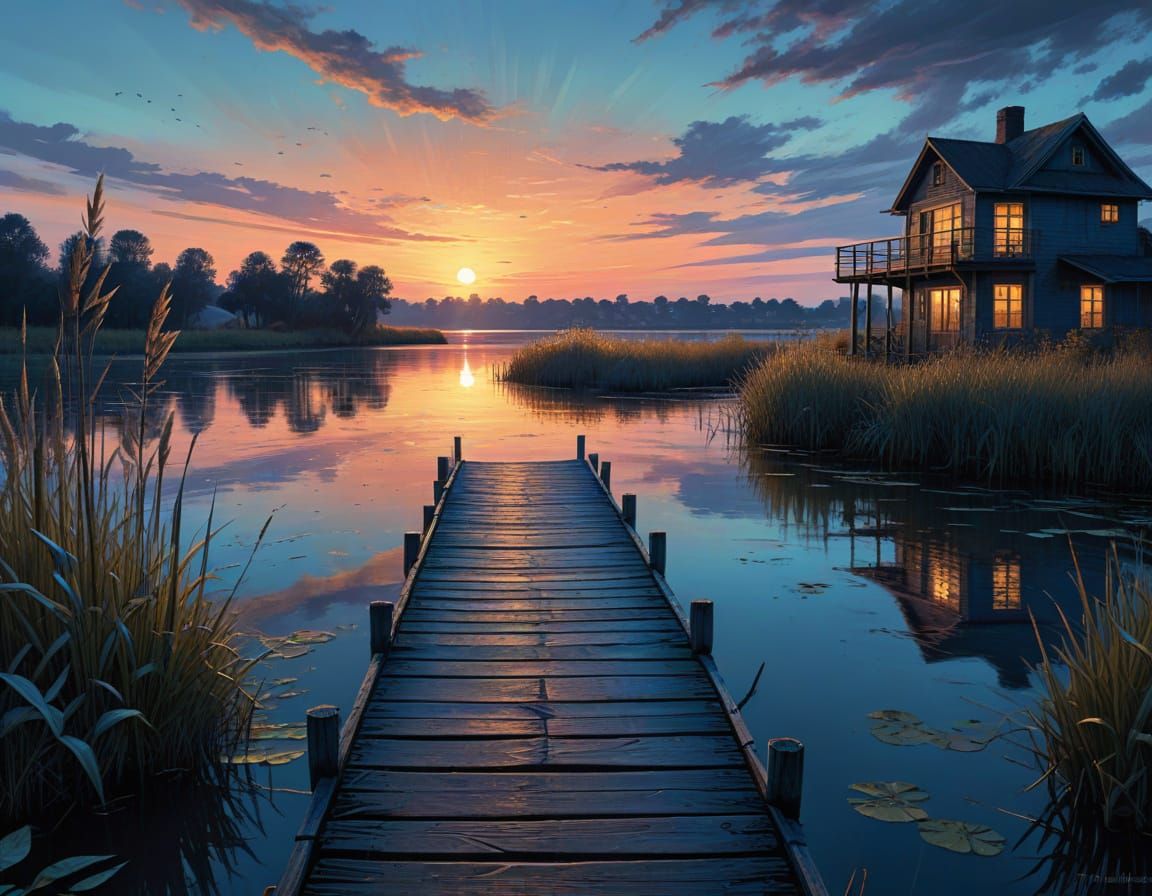 Surreal Sunset Over a Lake Dock in Bold Pastel Colors