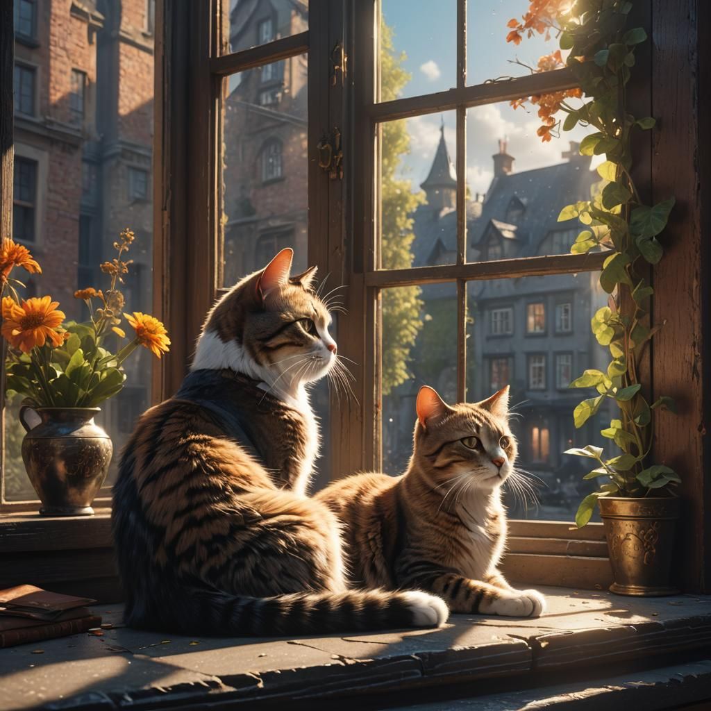 Cat Watching Morning Light, Fantasy Concept Art