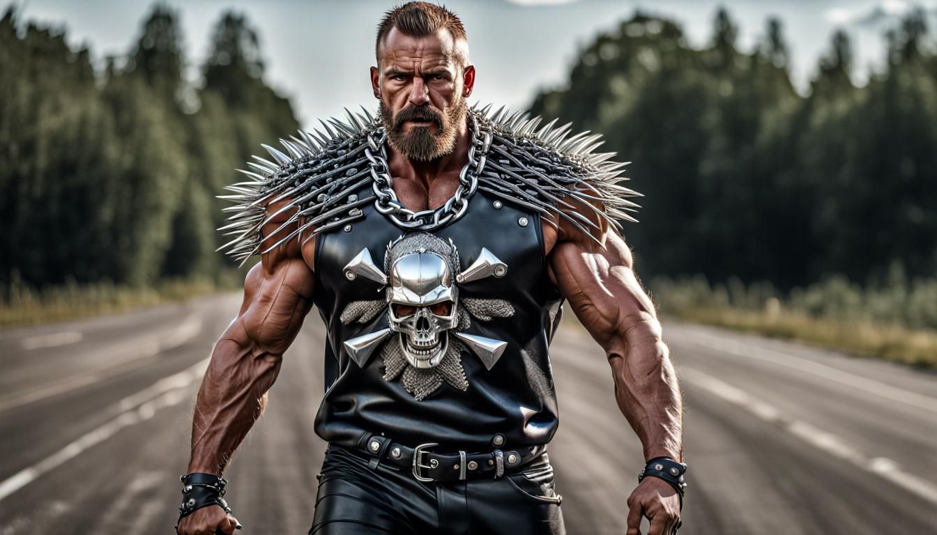 Muscular Biker with Spiked Collar and Chains