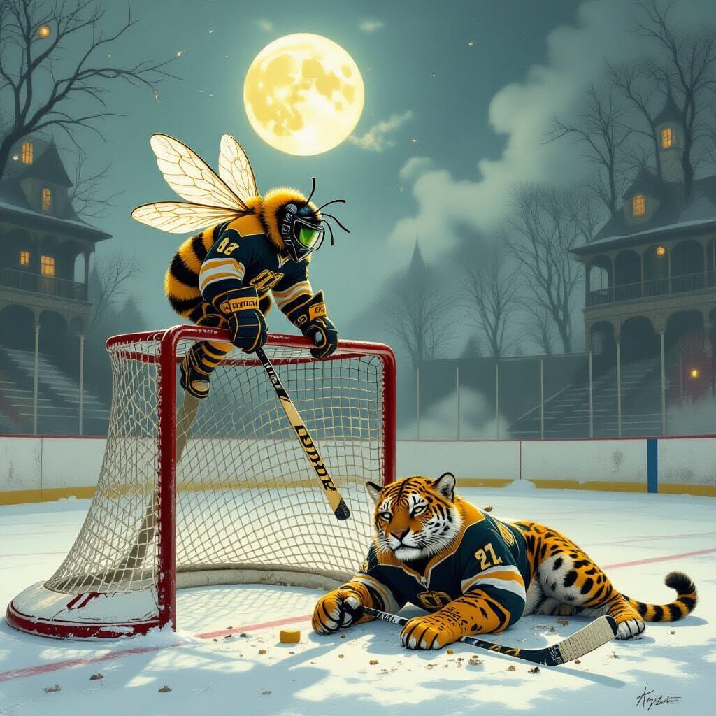 Majestic Bee on Victorian Hockey Goal in Moonlight