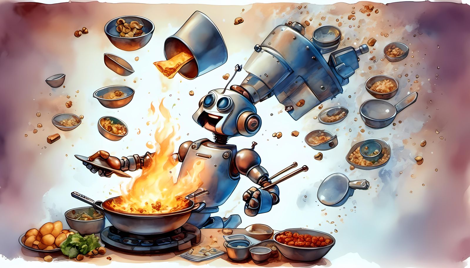 Smiling Robot Chef Flipping Sushi Watercolor Illustration