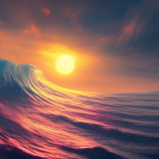 Dreamy Sunset Over Ocean Waves in Matte Painting Style