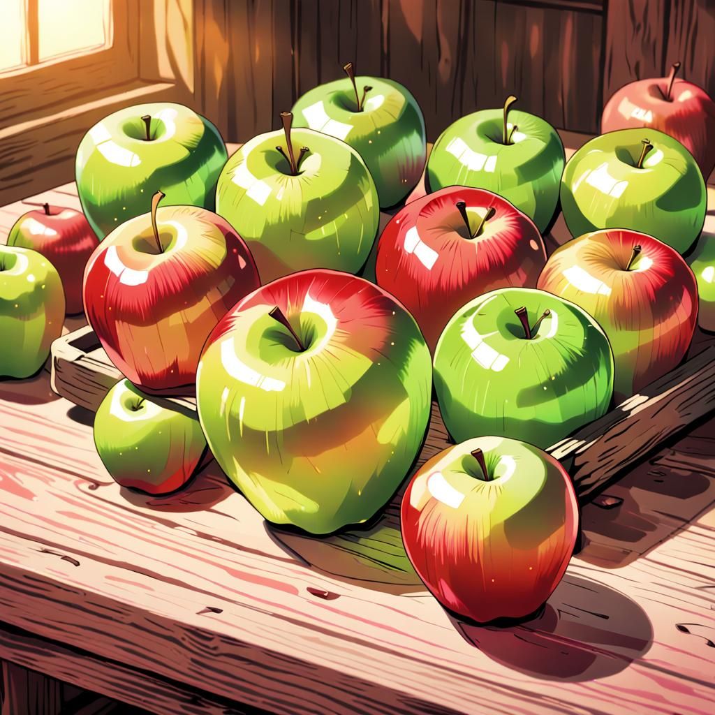 Vibrant Anime Still Life with Red and Green Apples