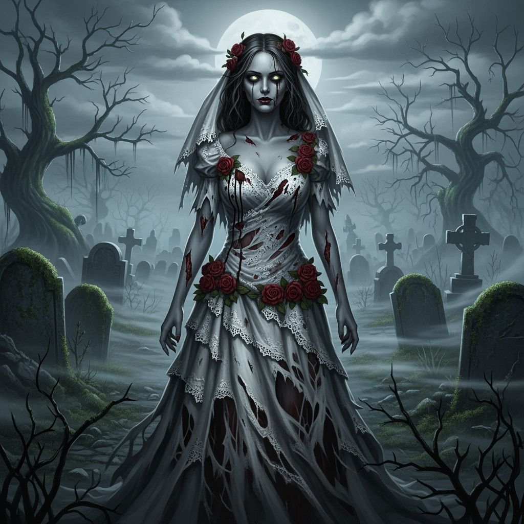 Zombie Bride in Moonlit Gothic Cemetery