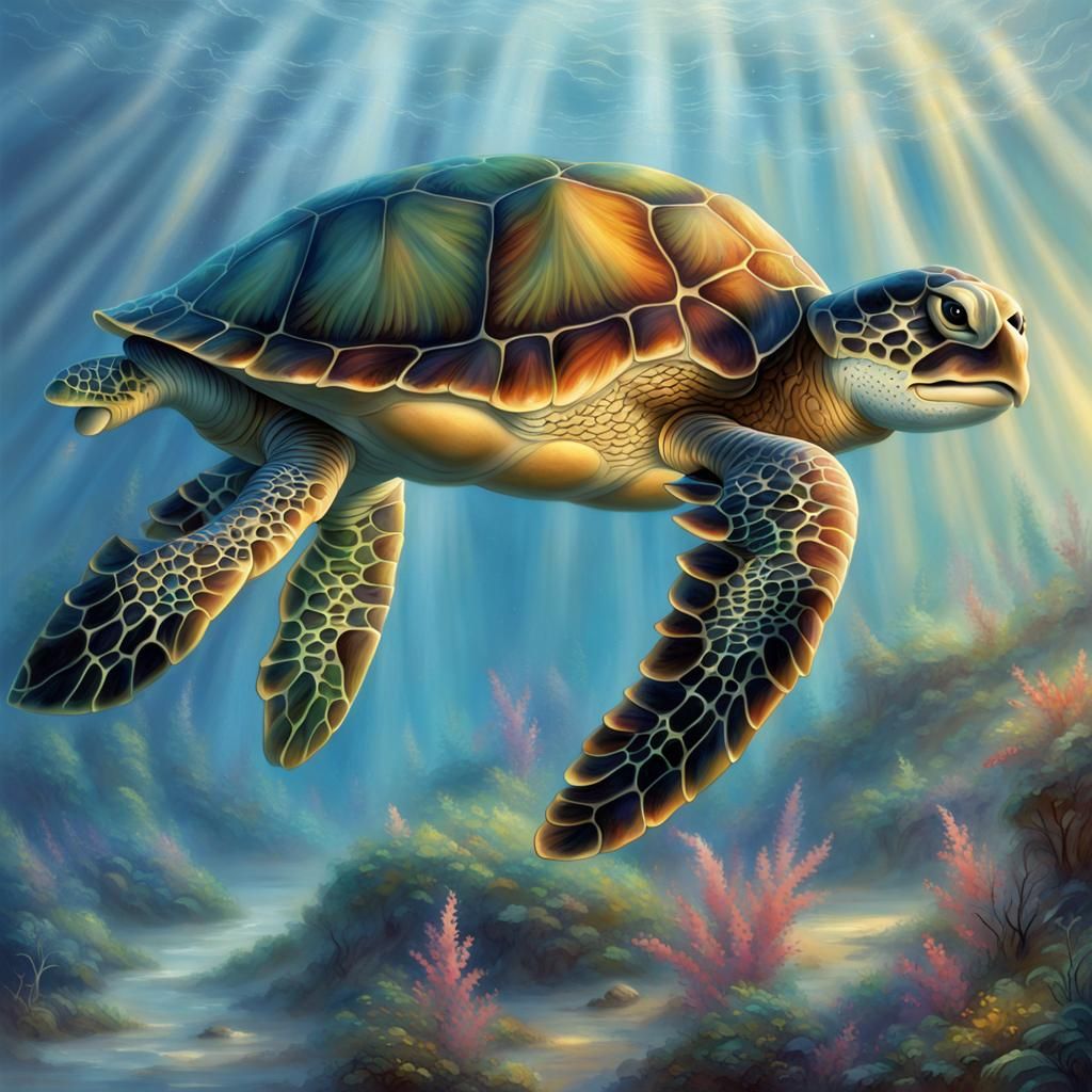Cartoon Sea Turtle in Ethereal Fantasy Landscape
