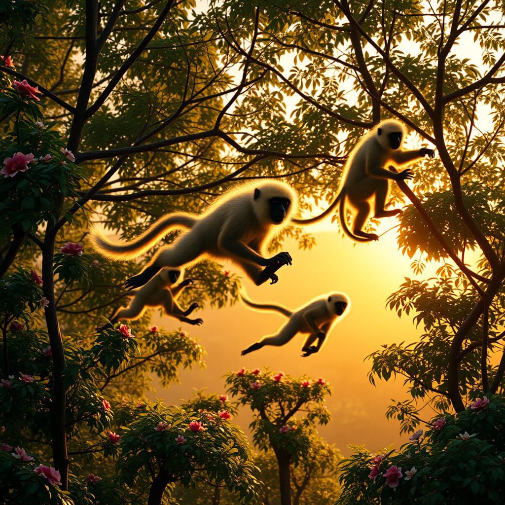 "golden langers monkeys flying  through trees in own habitat