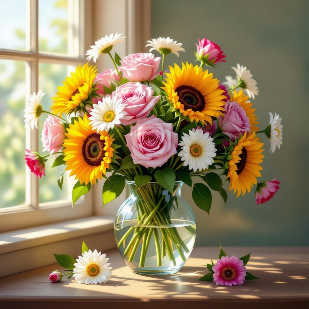Vibrant Floral Bouquet in Glass Vase, Photorealistic Still L...