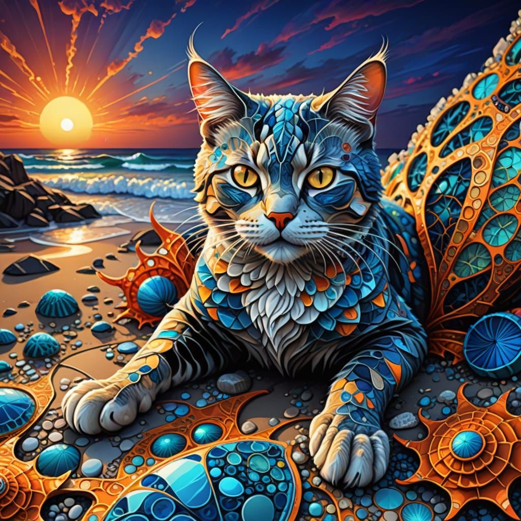 Surreal Cat-Crab Hybrid in Vibrant Fractal Patterns