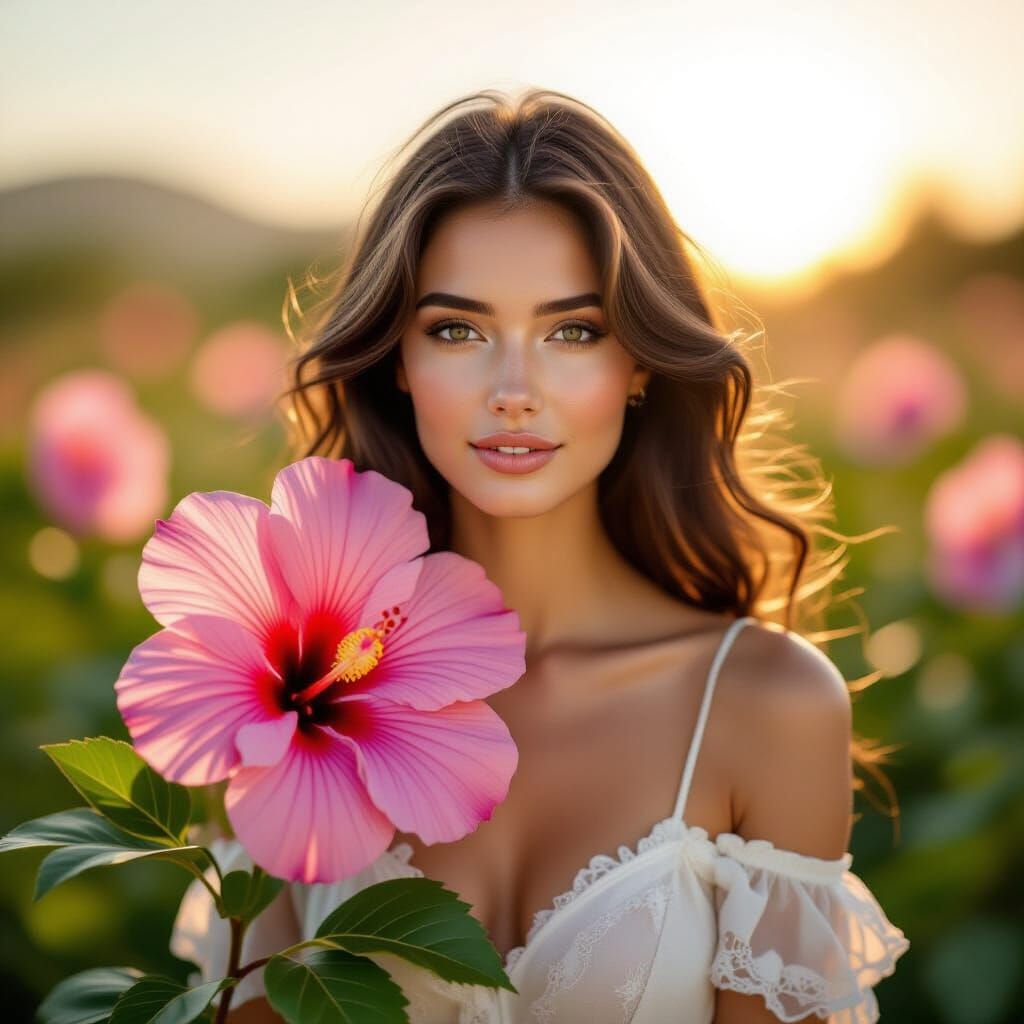 Woman's Double Exposure Portrait with Hibiscus, Impressionis...