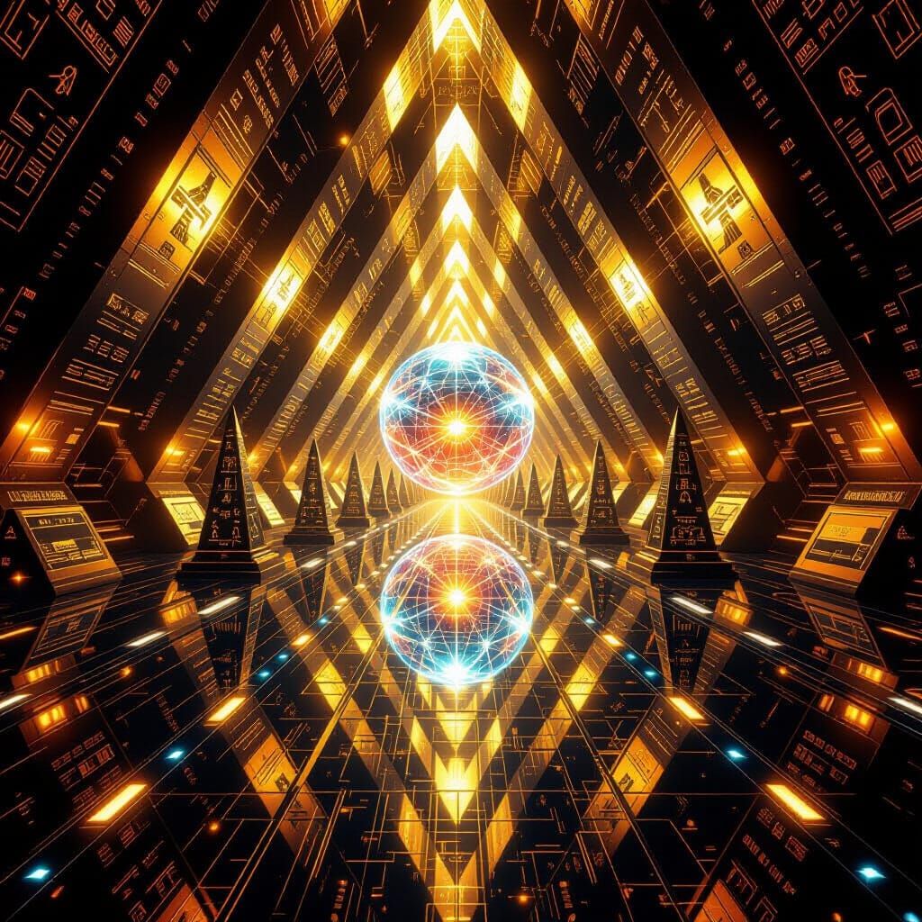 Futuristic Egyptian Cityscape in Metallic Pyramid Tunnels