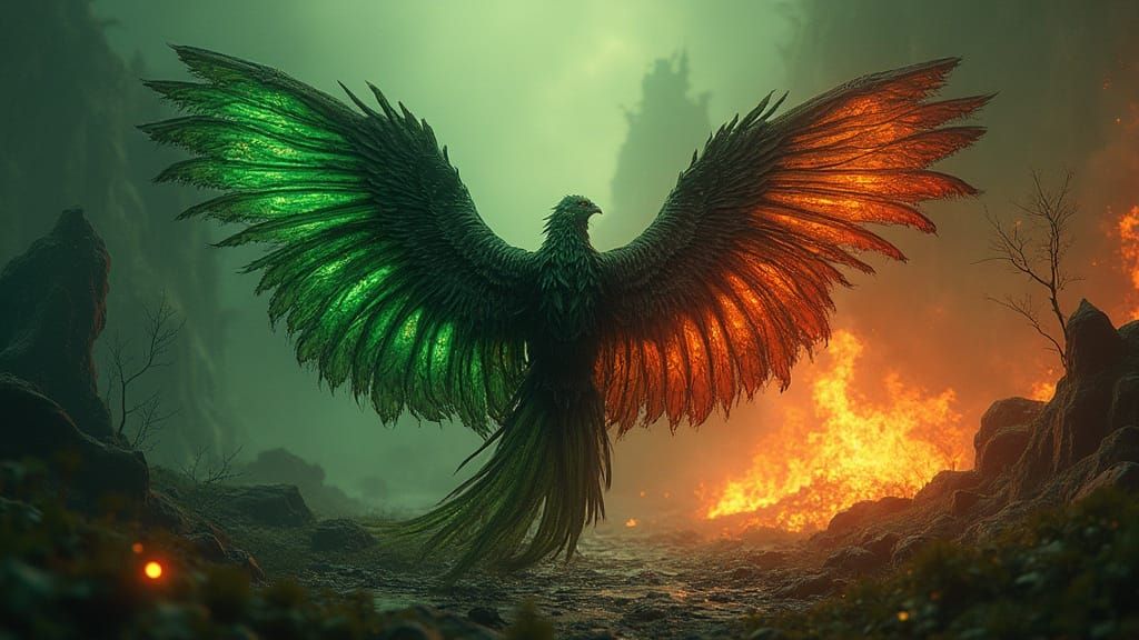 Pair of opposing wings, one vibrant green, the other dark, o...