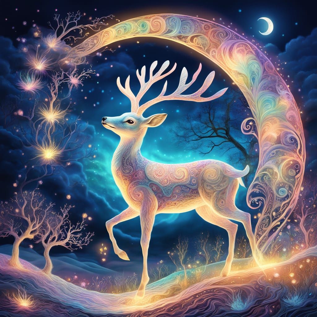 Mystical Flying Deer in Surreal Moonlit Landscape