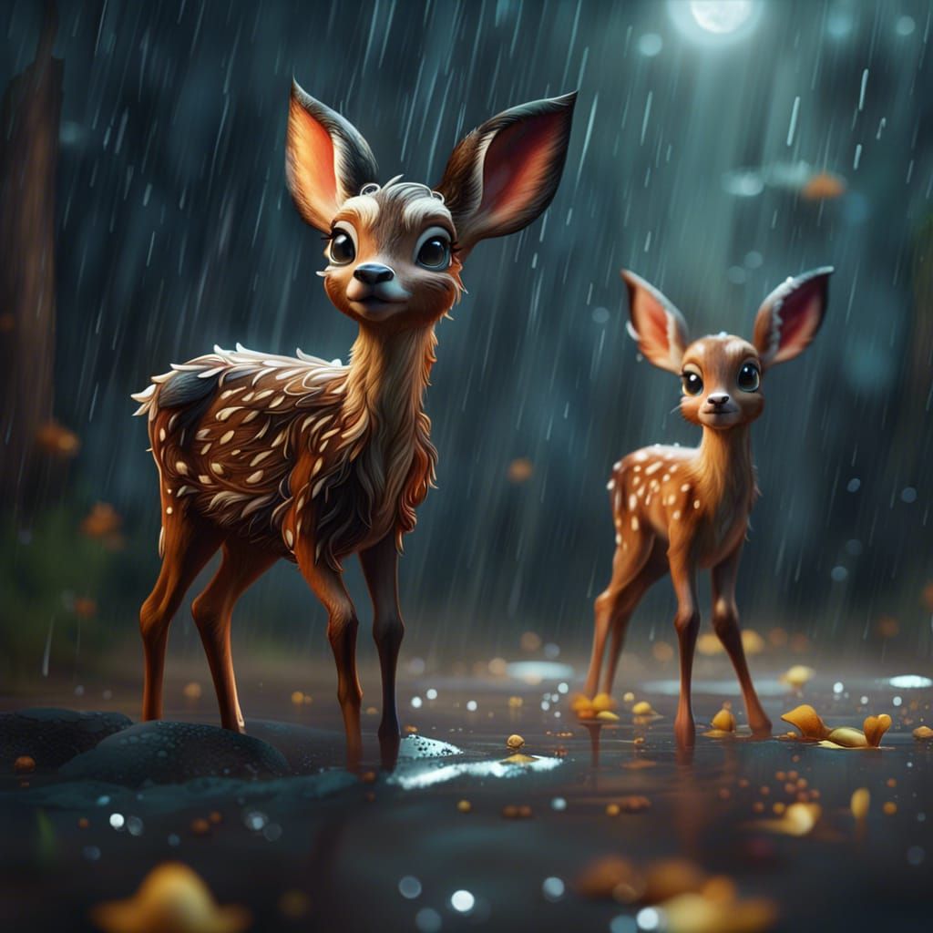 Bambi in Rainy Fantasy Landscape: 8K Art