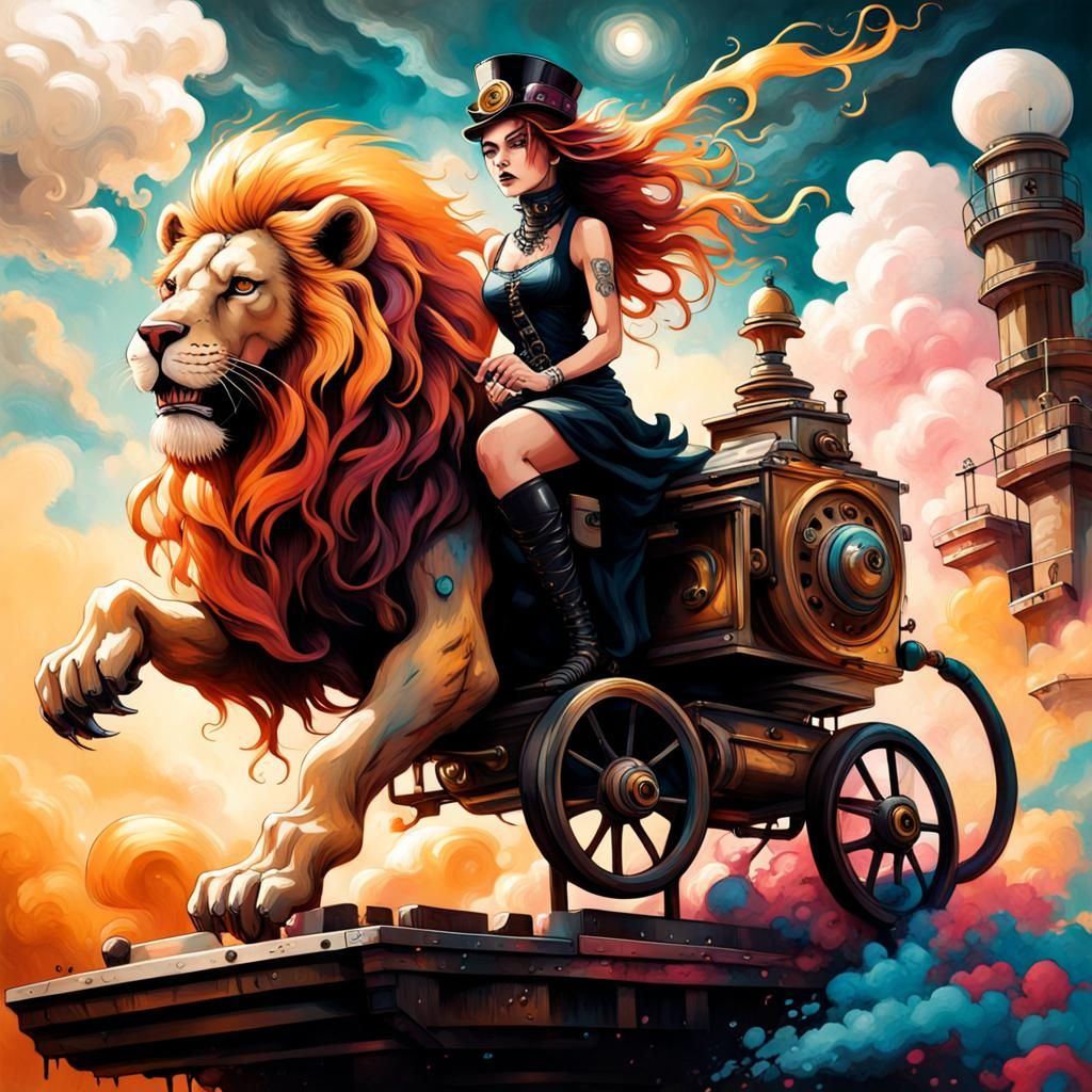 Steampunk Lady Rides Lion in Graffiti Art Style