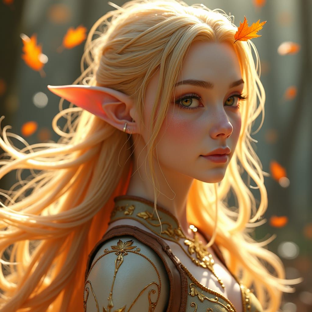 Opalescent Elven Woman with Autumn Flame Hair