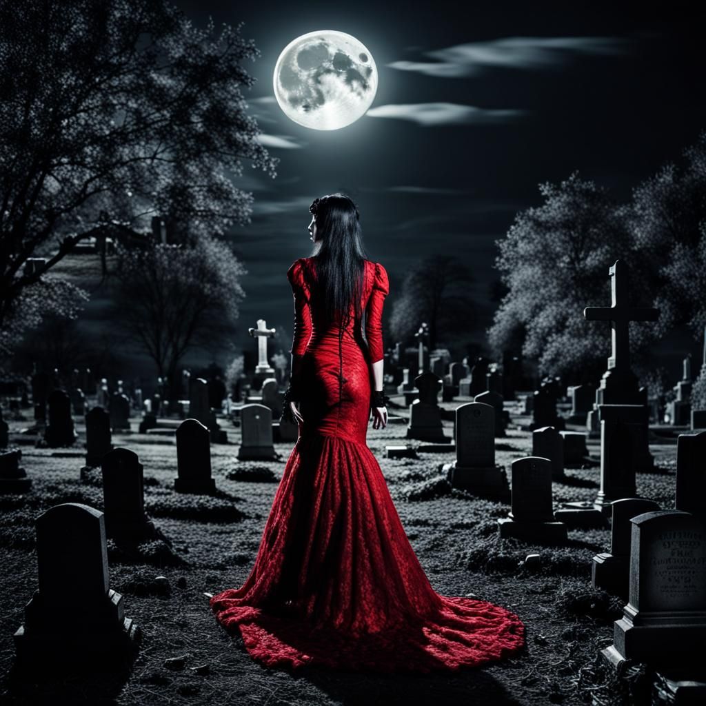 Goth Woman in Cemetery Under Full Moon
