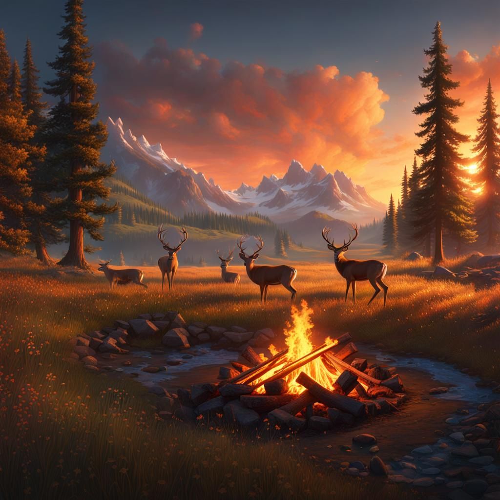 Campfire and Deer in Meadow: Detailed Matte Painting