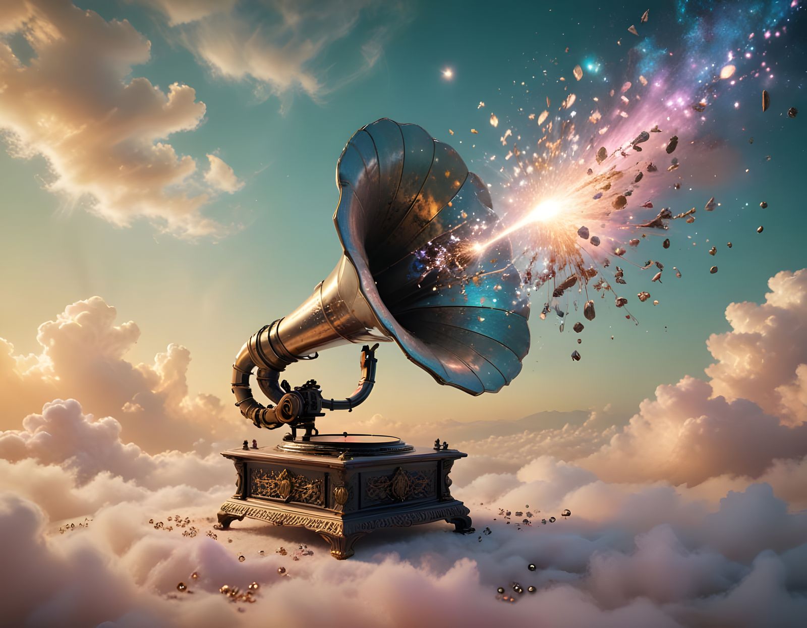 Cosmic Gramophone in Pastel Dreamscape with Galaxy Music